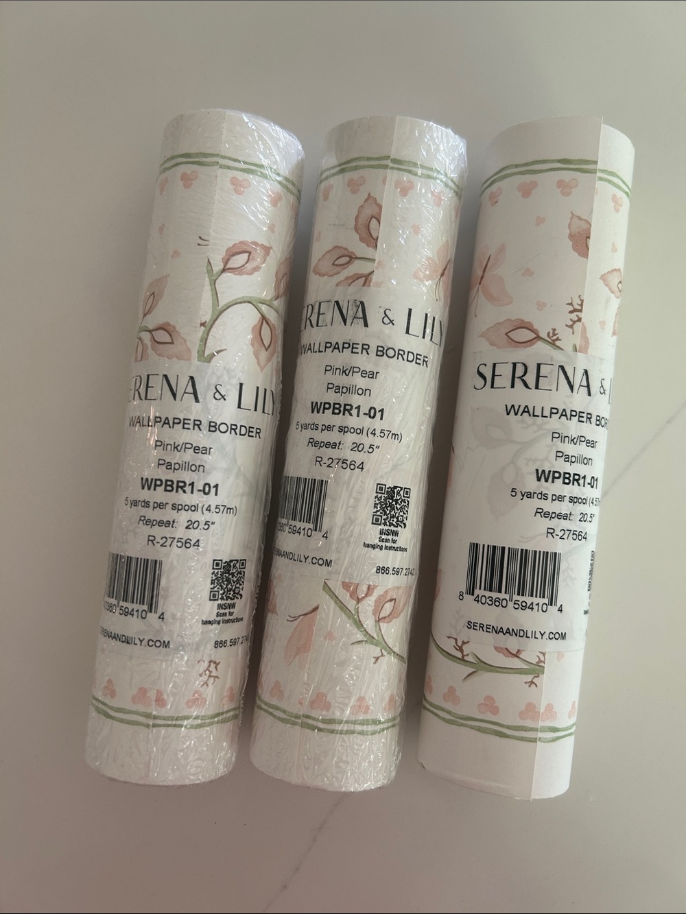 Serena & Lily Pink and Green Floral Wallpaper Border - Pear Motif